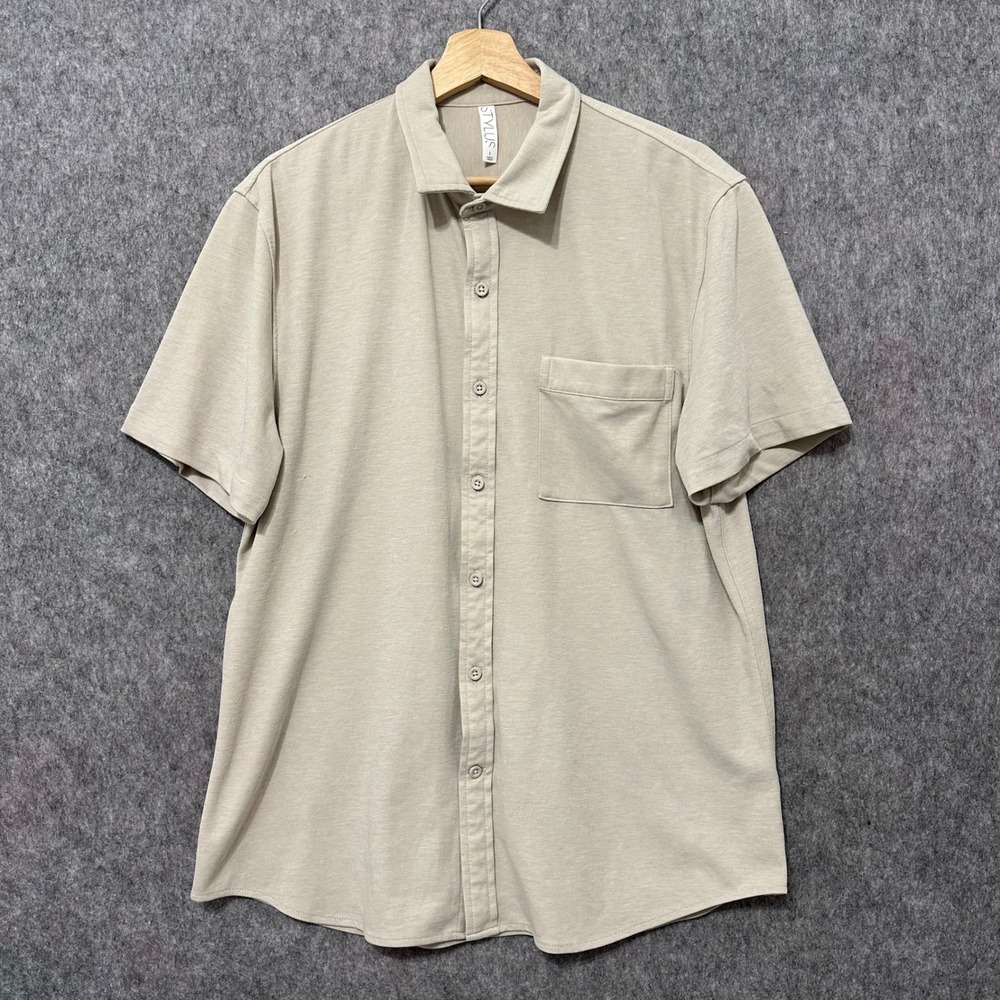 Stylus Mens Beige Short‎ Sleeve Button Up Pocket Shirt Size Large